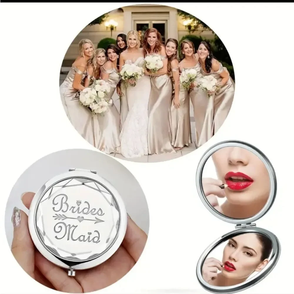 Bridesmaid Gift Silver Engraved Compact Mirror – Luxe Dual-Sided Makeup Mirror